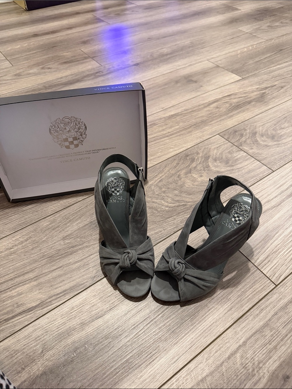 Vince Camuto Slate Gray Knotted Suede Peep-Toe Slingback Heels